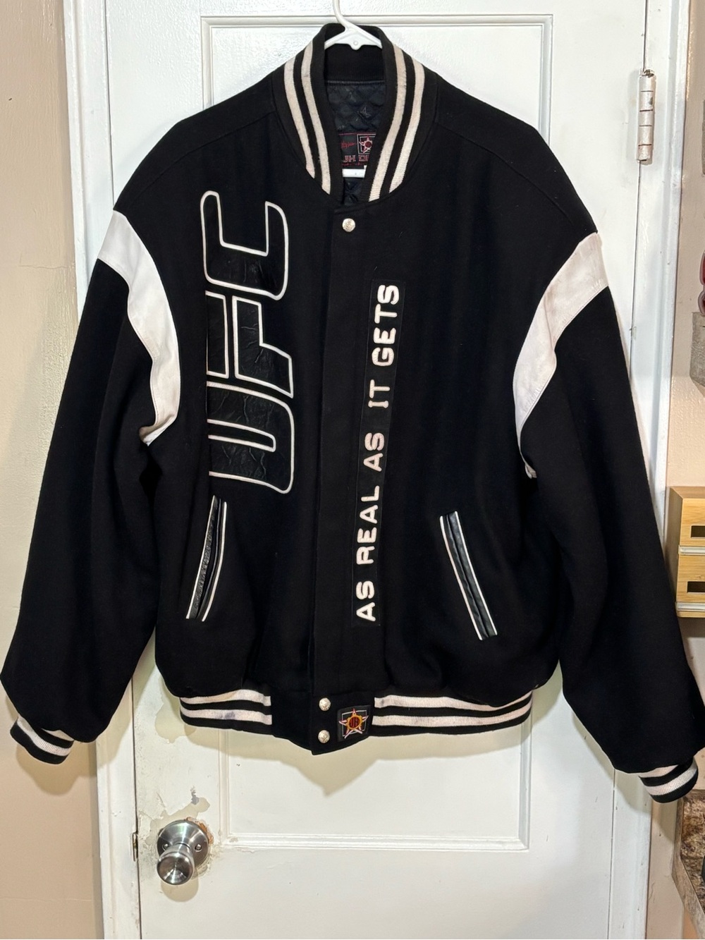 JEFF HAMILTON Leather Wool UFC Black & White Varsity Jacket - As Real As It Gets